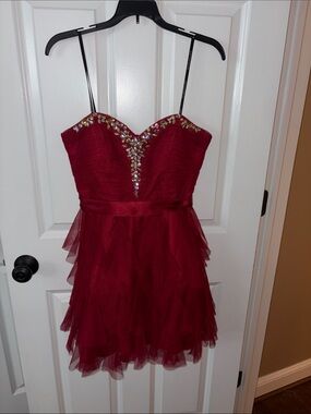 Masquerade Burgundy Beaded Tulle Party Dress